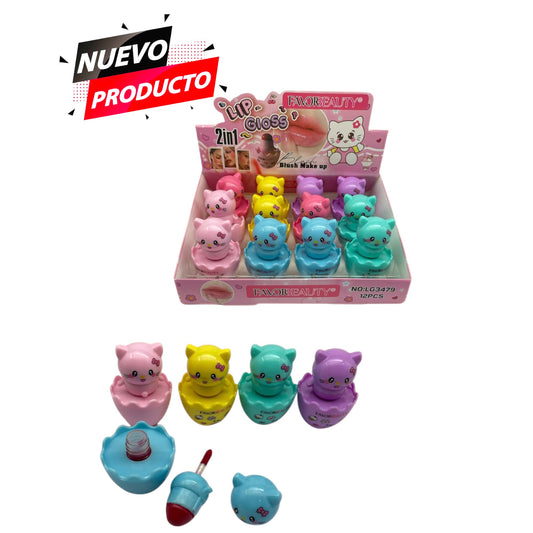 LIP GLOSS 2 EN 1 DE GATITOS 12 PCS LG3479