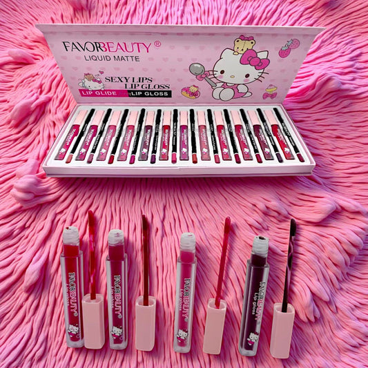 SET DE 12 LABIALES LIQUIDOS CON DELINEADOR HELLO KITTY LG3480